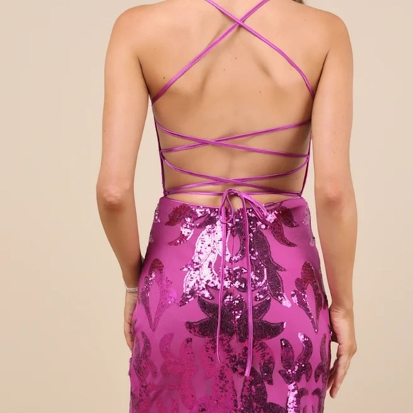 NEW! Lulus Magenta Purple Sequin Shine Lace Up Mini Dress Size Small - Picture 5 of 14